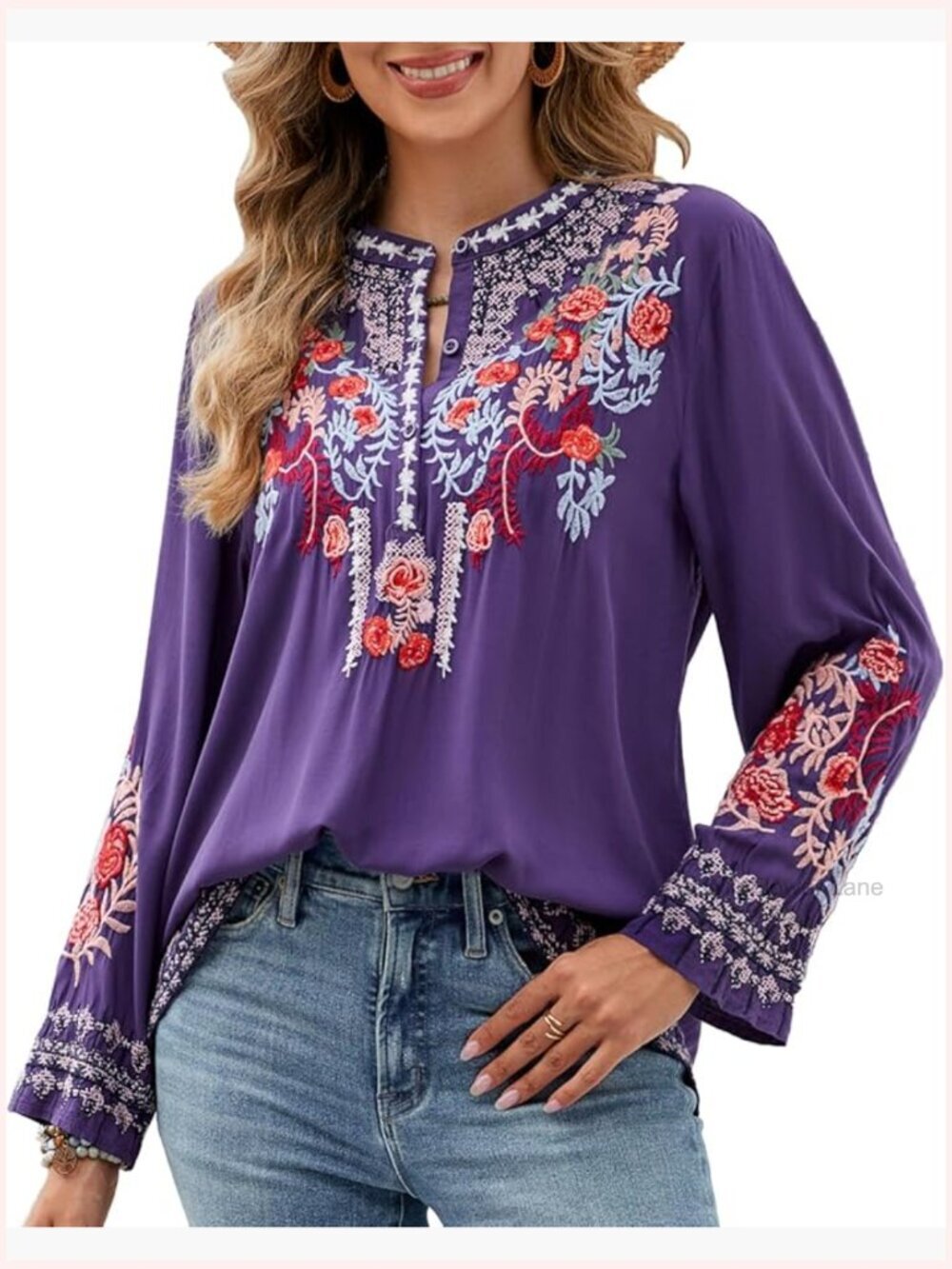 Long Sleeve Embroidered Peasant Blouse Boho Fall Top Tunics